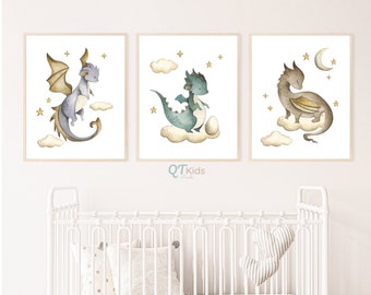 Baby Dragon Nursery Print, Kids Playroom Dragon Decor, Boy Room Printable Wall Art, Toddler Room, Green Dragon Prints, DIGITAL DOWNLOAD