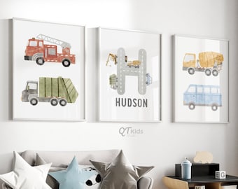Personalized Transport Nursery Prints, Custom Name Printable Wall Art, Boy Room Trucks Decor, Transport Vehicle Posters, DIGITAL DOWNLOAD