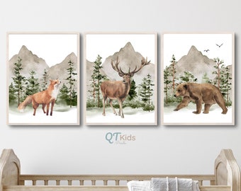 Woodland Animal Prints, Boy Nursery Printable Wall Art, Forest Nursery Decor, Set of 3 Watercolour Bear Deer Fox Prints, DIGITAL DOWNLOAD