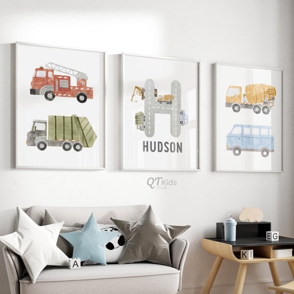 Impressions personnalisées pour chambre de bébé avec nom personnalisé, art mural imprimable nom personnalisé, décoration de camions de chambre de garçon, affiches de véhicule de transport, téléchargement numérique