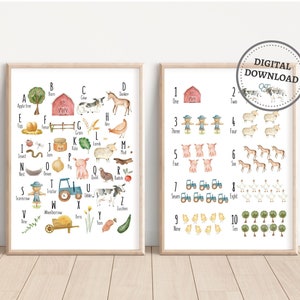 Stampe di numeri dell'alfabeto della fattoria, poster ABC, numeri da 1 a 10, poster di apprendimento prescolare, decorazioni da parete per la sala giochi, stampe per la cameretta dei bambini DOWNLOAD DIGITALE