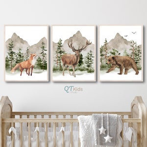 Woodland Animal Prints, Boy Nursery Printable Wall Art, Forest Nursery Decor, Set of 3 Watercolour Bear Deer Fox Prints, DIGITAL DOWNLOAD