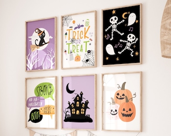ハロウィンプリント6枚セット、子供部屋用ハロウィンウォールアート、ゴーストブラックキャットパンプキンポスター、パープルブラックハロウィンパーティーデコレーション デジタルダウンロード