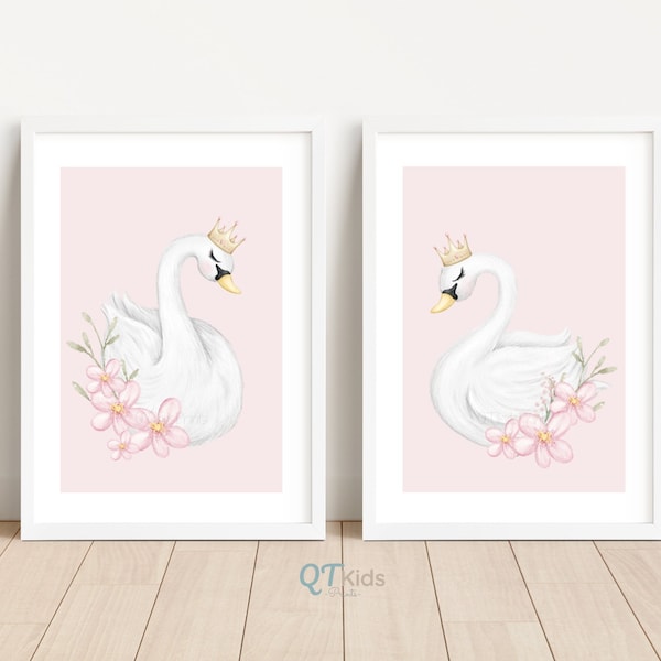 Swan Nursery Prints, Girl Nursery Printable Wall Art, Baby Girl Room Decor, Set of 2 Pink Floral Swan Princess Prints, DIGITAL DOWNLOAD