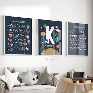Personalized Space Prints, Set of 3 Custom Name Astronaut Posters, Alphabet ABC Number Prints, Boy Room Printable Wall Art, DIGITAL DOWNLOAD