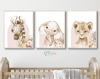 Safari Nursery Prints, Baby Girl Room Wall Art, Kids Playroom Decor, Blush Pink Floral Nursery, Boho Jungle Animal Prints, DIGITAL DOWNLOAD