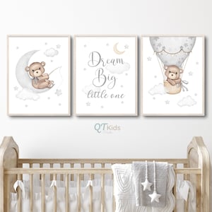 Teddy Bear Prints, Dream Big Little One, Gender Neutral Grey Brown Nursery Decor, Printable Wall Art, Stars Balloon Prints, DIGITAL DOWNLOAD