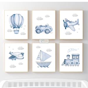 Transport kinderkamer prints, trein vliegtuig zeilboot ballon auto, marineblauwe jongen speelkamer decor, transport kunst aan de muur, digitale DOWNLOAD