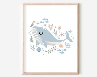 Nautical Ocean Animal Poster, Whale Nursery Print, Sea Animal Wall Art, Ocean Nursery Decor, Nautical Playroom Art Print, DIGITAL DOWNLOAD
