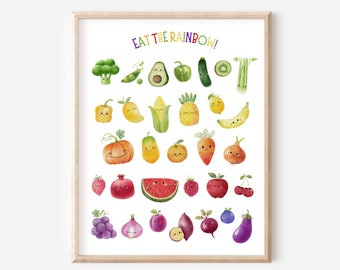 Fruits Vegetables Poster, Eat the Rainbow Print, Kids Playroom Printable Wall Art, Food Nutrition Classroom Education Print DIGITAL DOWNLOAD