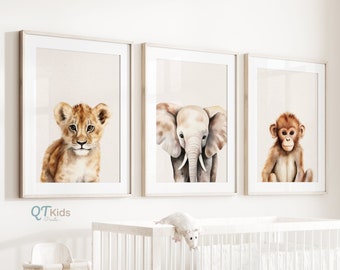 Safari Animal Nursery Prints, Elephant Lion Monkey, Jungle Playroom Decor, Set of 3 Neutral Safari Nursery Wall Art, DIGITAL DOWNLOAD