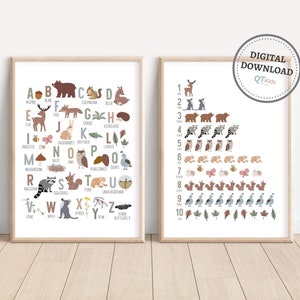 Wald Kinderzimmer Druck, ABC Alphabet Druck, Waldtiere Bär Reh Fuchs Kinder Spielzimmer Dekor, lernen Lernposter, DIGITALER DOWNLOAD