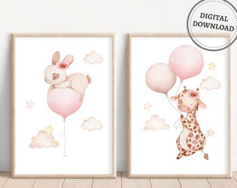 Girl Nursery Prints, Bunny Giraffe with Balloons, Pink Girl Room Decor, Pink Girl Room Wall Decor, Girl Playroom Posters, DIGITAL DOWNLOAD