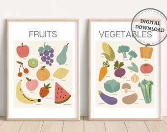 May include: Two printable posters with illustrations of fruits and vegetables. The poster on the left has the word "FRUITS" at the top and shows 12 different fruits with their names below each illustration. The poster on the right has the word "VEGETABLES" at the top and shows 13 different vegetables with their names below each illustration.