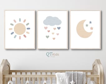 Boy Nursery Print Set, Sun Cloud Rainbow, Boho Minimalist Baby Boy Room Wall Decor, Watercolour Rainbow Cloud Sun Prints, DIGITAL DOWNLOAD