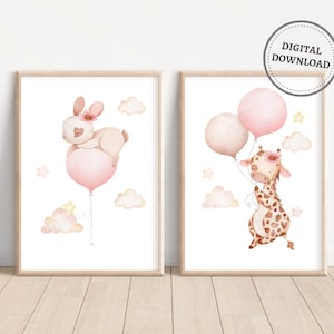 Girl Nursery Prints, Bunny Giraffe with Balloons, Pink Girl Room Decor, Pink Girl Room Wall Decor, Girl Playroom Posters, DIGITAL DOWNLOAD