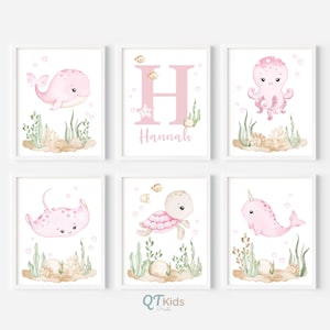"Unter dem Meer Kinderzimmer Drucke, Benutzerdefinierte Baby Name Ozean Meerestier Poster, Mädchen Kinderzimmer Ozean Nautisches Dekor, DIGITALER DOWNLOAD."