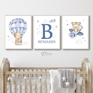 Impressions de pépinière de garçons, art mural imprimable personnalisé d’ours en peluche, montgolfière de voiture bleu marine, impressions personnalisées de nom de bébé garçon, TÉLÉCHARGEMENT NUMÉRIQUE