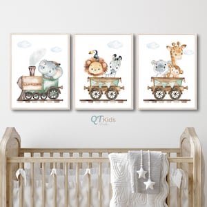 Impresiones de vivero Safari, arte de la pared del tren, cebra elefante león, carteles de animales Safari, arte de la pared de la sala de juegos verde, DESCARGA DIGITAL