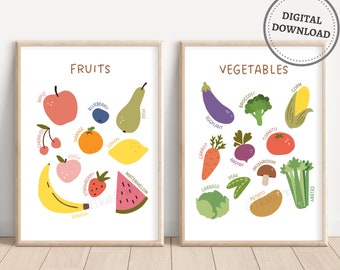 May include: Two printable posters with illustrations of fruits and vegetables. The poster on the left features a banana, apple, peach, strawberry, cherries, orange, lemon, pear, blueberry, and watermelon. The poster on the right features eggplant, broccoli, corn, carrot, radish, mushroom, peas, cabbage, potato, and celery.