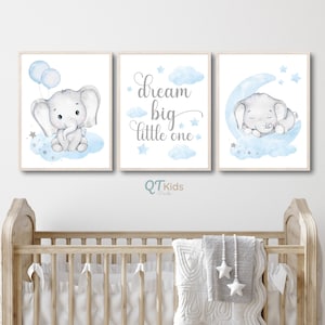 Elephant Nursery Prints, Dream Big Little One, Blue Baby Nursery Decor, Boy Nursery Printable Wall Art, Animal Prints, DIGITAL DOWNLOAD