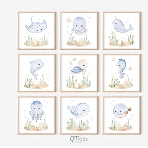 Impresiones de vivero de animales marinos, conjunto de 9 carteles cuadrados de animales marinos náuticos, sala de juegos bajo el mar, decoración de vivero azul de niño, DESCARGA DIGITAL