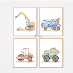 Construction Truck Prints, Transport Vehicles, Boy Room Wall Art, Playroom Transportation Decor, Set of 4 Nursery Prints, DIGITAL DOWNLOAD
