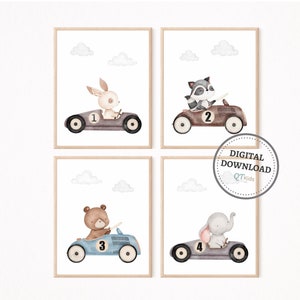 Láminas para habitación de niño, coches de carreras clásicos, animales del bosque, láminas de elefantes, arte mural para sala de juegos, decoración minimalista para habitación de bebé, descarga digital