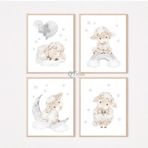 Neutral Sheep Nursery Prints, Stars Moon Sleeping Sheep Art Prints, Baby Nursery Wall Art, Watercolour Baby Animal Prints, DIGITAL DOWNLOADS