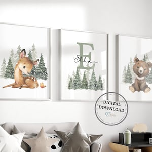 Impresiones de nombre personalizado para guardería de niños en el bosque, impresiones personalizadas con nombre de bebé, arte de pared imprimible con animales del bosque, decoración de guardería para niños, DESCARGA DIGITAL