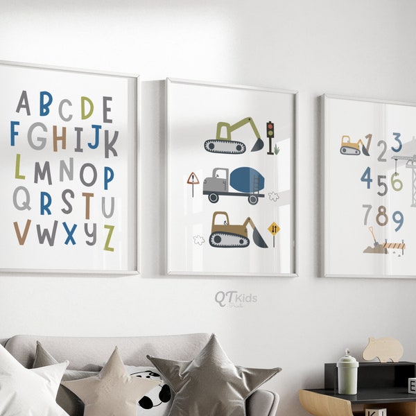 Construction Alphabet Numbers Prints Set of 3, Boy Room Printable Wall Art, Toddler Boy Room Decor, Blue Green Trucks, DIGITAL DOWNLOAD