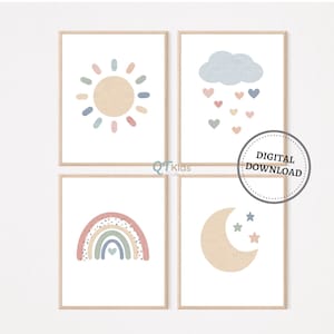 Rainbow Sun Cloud Nursery Prints, Boho Nursery Decor, Neutral Kids Room Wall Art, Playroom Posters, Printable Wall Art DIGITAL DOWNLOAD
