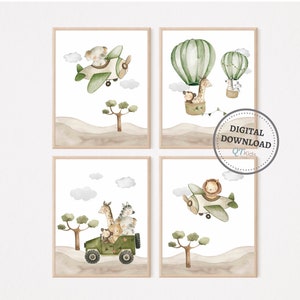 Láminas de animales de safari, láminas para habitación de niño, animales en globo aerostático, láminas de avión para sala de juegos, decoración de habitación de jungla, descarga digital