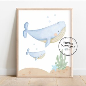 Whale Printable Wall Art, Under the Sea Nautical Nursery Print, Digital Watercolour Ocean, Boy Room Wall Decor, Sea Animal DIGITAL DOWNLOAD