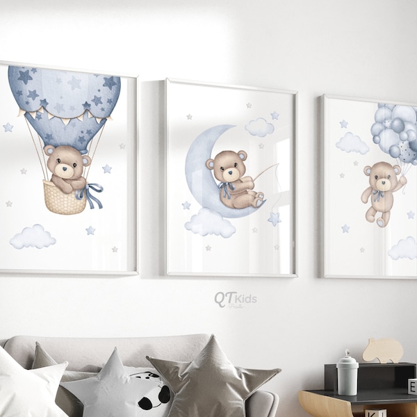 Impressions d'ours en peluche, décor de pépinière bleu, montgolfière, impressions d'étoiles de lune, art mural imprimable de chambre de bébé garçon, impressions de pépinière TÉLÉCHARGEMENT NUMÉRIQUE