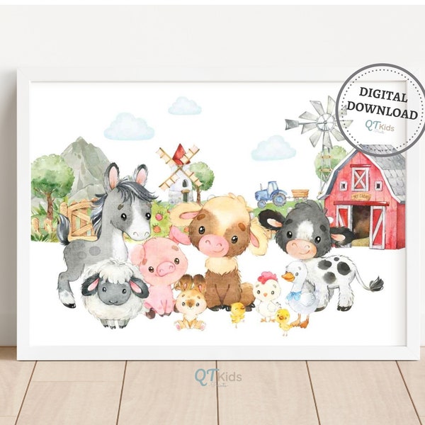 Farm Nursery Print, Farm Animals Printable Wall Art, Kids Playroom Decor, Barn Yard Animals Poster, Tractor Cow Pig Sheep, DIGITAL DOWNLOAD