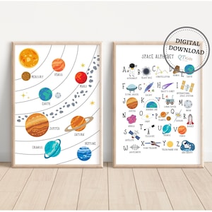 Lámina del alfabeto espacial, arte mural imprimible del sistema solar, pósteres de aprendizaje del alfabeto espacial, imprimible Montessori, láminas para educación en casa (DESCARGA DIGITAL)