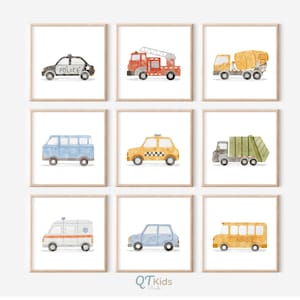 Láminas de transporte para habitación infantil, decoración de pared para habitación de niño, decoración de coches para habitación infantil, juego de 9 pósteres cuadrados de coches, camiones, autobuses y vehículos para sala de juegos, descarga digital