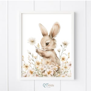 Bunny Printable Wall Art, Girl Nursery Print, Soft Beige White Floral Nursery Decor, Brown Rabbit, Boho Wildflowers Print, DIGITAL DOWNLOAD