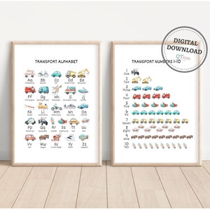 Transport Alphabet and Numbers Print Set, Transport Posters, Car Abc Numbers Poster, Boy PlayRoom Wall Art, Boy Nursery DIGITAL DOWNLOAD