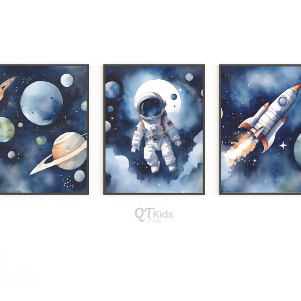 Weltraum-Kinderzimmerdrucke, druckbare Wandkunst mit Astronautenplaneten, Weltraum-Aquarelldrucke, 3er-Set, Raketenposter, DIGITALER DOWNLOAD