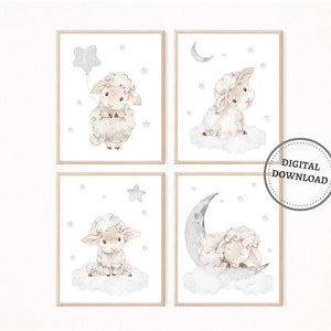 Gender Neutral Sheep Nursery Prints, Stars Moon Sleeping Sheep Art Prints, Baby Nursery Decor, Watercolour Animal Prints,  DIGITAL DOWNLOADS