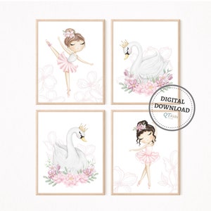 Impressions de pépinière de ballerine, Swan Girl Nursery Printable Wall Art, Baby Girl Room Decor, Pink Floral Swan Princess Prints, DIGITAL DOWNLOAD