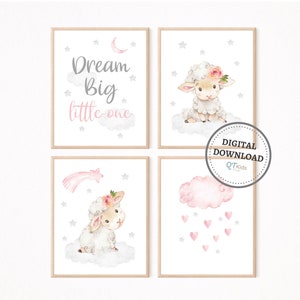 Girl Nursery Prints, Sheep Nursery Printable Wall Art, Dream Big Little One, Pink Baby Nursery Decor, Pink Hearts Print, DIGITAL DOWNLOADS