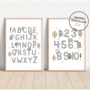 Stampe di numeri ABC dell'alfabeto della scuola materna per il trasporto, arredamento della sala giochi per ragazzi, auto, camion, autobus, veicoli, poster di apprendimento educativo, DOWNLOAD DIGITALE