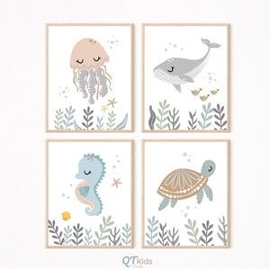 Impresiones de guardería bajo el mar, Arte de pared imprimible para animales oceánicos, Decoración de pared neutra de la sala de juegos para niños, Conjunto de 4 carteles de vida marina, DESCARGA DIGITAL