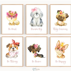 Fun Puppies Prints, Girl Playroom Printable Wall Art, Watercolour Dog Posters, Girl Nursery Prints, Pink Girl Room Decor, DIGITAL DOWNLOAD