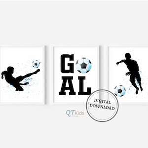 Voetbal doel afdrukbare muur kunst, jongen speelkamer sport print set van 3, blauw grijze kinderkamer decor, voetballers prenten, digitale DOWNLOAD