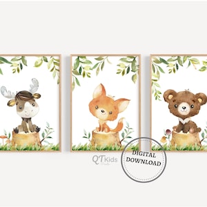 Impressões de berçário da floresta, arte de parede para impressão de animais da floresta bebê, impressões de berçário de gênero neutro, pôsteres de alces de raposa de urso, DOWNLOAD DIGITAL