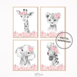 Stampe per bambini con animali da safari, stampe da parete per la cameretta delle bambine, decorazioni da parete per la sala giochi safari, stampe per bambini con fiori rosa, DOWNLOAD DIGITALE